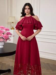 Modelyn Robe mi-longue élégante et jeune pour femmes, avec épaules dénudées, volants, broderie et patchwork, de couleur jaune - Rouge foncé - Voir 6