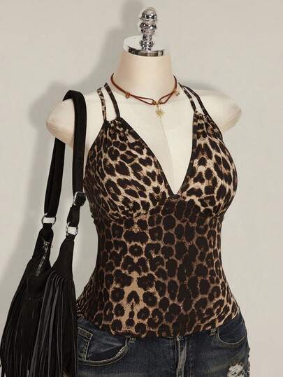 SHEIN ICON Áo tank top ôm sát in họa tiết da báo dành cho nữ cỡ lớn