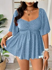 Vionelle Damen Große Größen Casual Urlaubs Polka Punkt Muster Herzausschnitt Flatterärmel Geraffter Büste Babydoll Top, Frühling/Sommer - Graublau - Übersicht 3