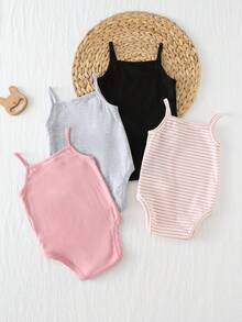 Bộ 4 món áo liền quần dệt kim mềm mại, cổ tròn, tay ngắn nhiều màu sắc cho bé gái. - Nhiều màu - Xem 2