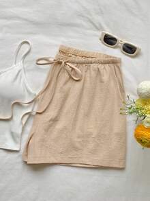 Comfortcana Plus Size Casual Loose Drawstring Solid Color Comfortable Shorts, Spring/Summer - Khaki - View 5