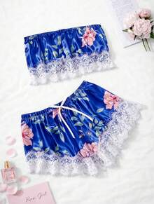 Pijama de dos piezas satinada ,top floreado con diseño de encaje y short con resorte - azul - Ver 2