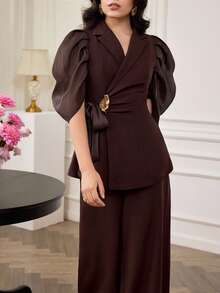 Modelyn 女士花瓣袖西装外套和阔腿裤套装，腰部系带，通勤优雅两件套 - 咖啡棕 - 查看 6