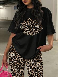 Slaydiva Plus Size Women Leopard Lip Print Short Sleeve T-Shirt And Shorts Casual 2 Piece Set - Black - View 5
