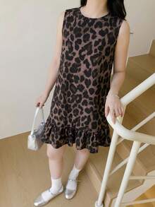 SHEIN Đầm hè dáng suông cổ tròn không tay họa tiết da báo và hoa dành cho thiếu nữ - Nhiều màu - Xem 3