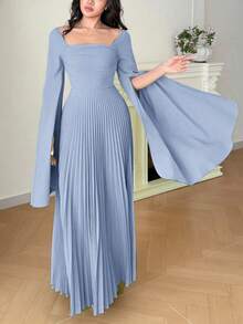 Modelyn Women's Solid Color Pleated Split Long Sleeve Elegant Dress - Blue - View 1