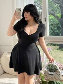 CovetEZ Plus Size Summer Short Sleeve Casual Sweet Black Mini Skirt 2 Pieces Set - Black - View 7