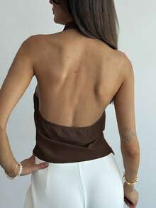 Aloruh Women's Solid Color Ruched Asymmetric Hem Halter Neck Top,Summer Top - Coffee Brown - View 2