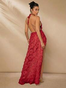 L'Amorae Women Feathered Backless M-Slit Thigh Halter Dress - Red - View 2