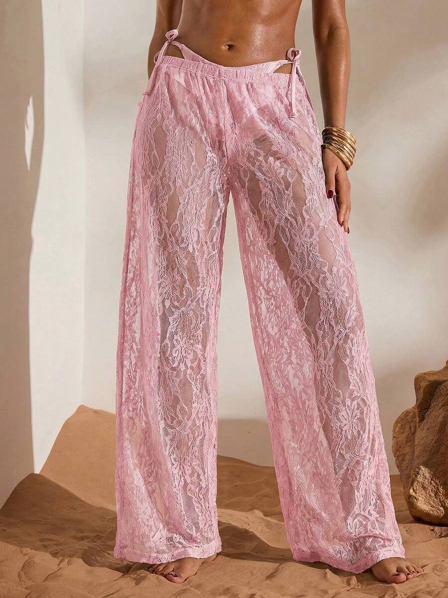 Opulessa Women's Vacation Elastic Waist Lace Cover-Up & Pants Set Summer Beach - Baby Pink - View 1