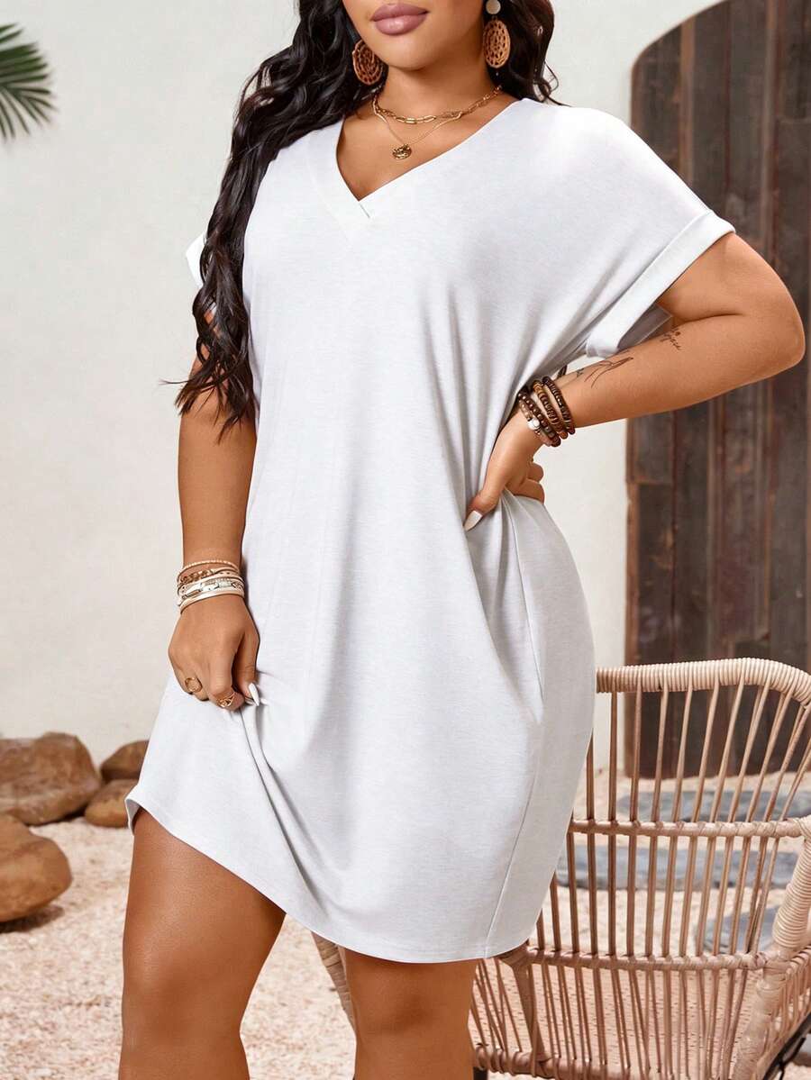EMERY ROSE Plus Size V-Neck Solid Color Turnup Sleeve Midi Casual Spring Sundress - White - View 1