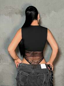 SHEIN SXY 性感蕾丝拼接无袖透视连体衣 - 黑色 - 查看 2