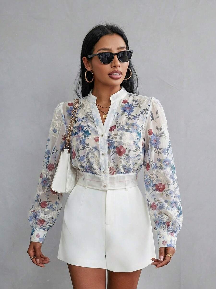 EMERY ROSE Random Printed Long Sleeve Blouse Button Up Shirt Women - Multicolor - View 1