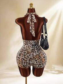 Amplova Women's Leopard Print Vintage Sexy Sheer Low-Cut Jumpsuit With Ruffle Hem, Suitable For Spring/Summer Vacation Boho Chic Daring Style, Brown Leopard Print Jumpsuit - Brown - View 7