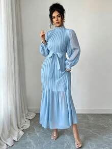 Modelyn Purple Long Sleeve Stand Collar Pearl Pleated Textured Fabric Midi Dress For Women - Blue - View 5