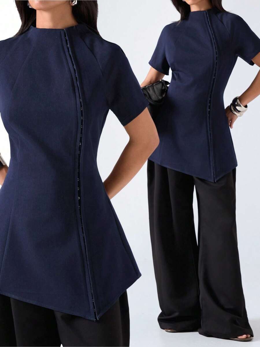 LYSMO 女士纯色短袖立领前开襟休闲薄外套 - 藏蓝色 - 查看 1