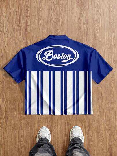 Manfinity Joysei Retro American Football Jersey Striped Small Logo Graphic Print Cropped Loose Fit Short Sleeve Polo T-Shirt, Fashionable Casual Outfit For Dates And Gatherings, Ideal Gift For Boyfriend