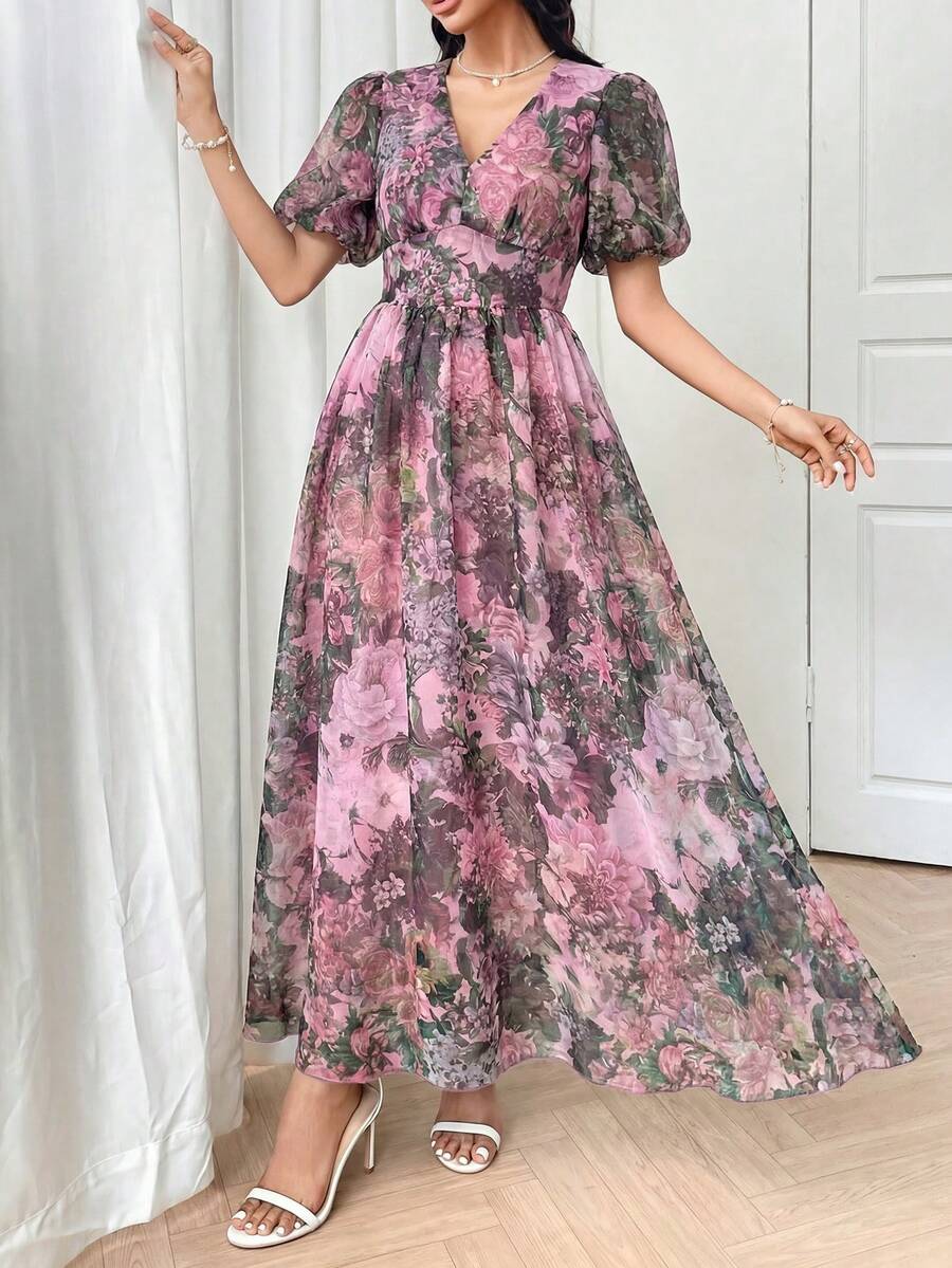 Modelyn 优雅浪漫印花灯笼袖收腰修身浪漫连衣裙（女款） - 粉色 - 查看 1