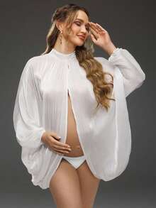 Cheriluna Maternity Maternity Spring/Summer Solid Color Batwing Sleeve Loose Front & Back Slit Photoshoot Blouse - White - View 5