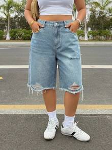 Muchica 大码休闲水洗做旧阔腿牛仔短裤 - 藍色 - 查看 3