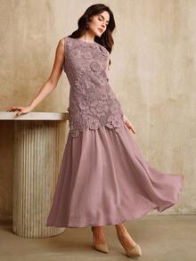 Anewsta Elegant Holiday Water-Soluble Hollow Floral Patchwork Mesh Dress With Flared Hem, Khaki, Spring/Summer - Purple - View 7