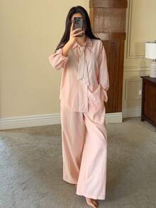 DAZY Relaxed Fit Striped Tie Decor Shirt Style Women Loungewear Set, Versatile - Pink - View 4
