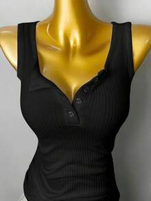 Rovax Women's Solid Color Button Half Placket Ribbed Casual Tank Top - Black - View 3