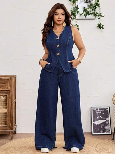 SHEIN CURVE+ Plus Size Women Single-Breasted Top And Wide-Leg Jeans Casual Daily 2 Pieces Set