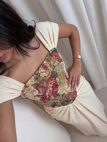 Modelyn Đầm nữ màu mơ dệt kim tay ngắn phối họa tiết jacquard, eo xếp ly, gấu đầm thanh lịch, lãng mạn, thích hợp cho mùa xuân/hè. - Màu be - Xem 5