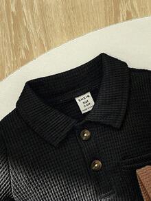 SHEIN Playful Pals 4件裝嬰兒男/女童夏季華夫格面料短袖POLO連身褲 黑白條紋休閒款 親子套裝 日常戶外玩樂派對穿搭 - 彩色 - 查看 3