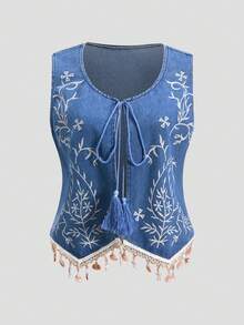 SHEIN MOD Women's Summer Boho Vacation Denim Blouse, Blue Floral Flower Botanical Print Shell Decor Tassel Tie Front Sleeveless Holiday Festival Top - Medium Wash - View 1