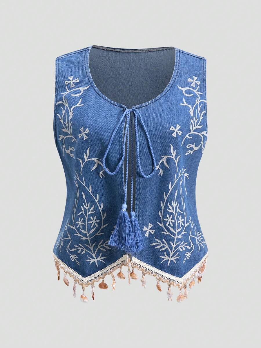 SHEIN MOD Women's Summer Boho Vacation Denim Blouse, Blue Floral Flower Botanical Print Shell Decor Tassel Tie Front Sleeveless Holiday Festival Top - Medium Wash - View 1