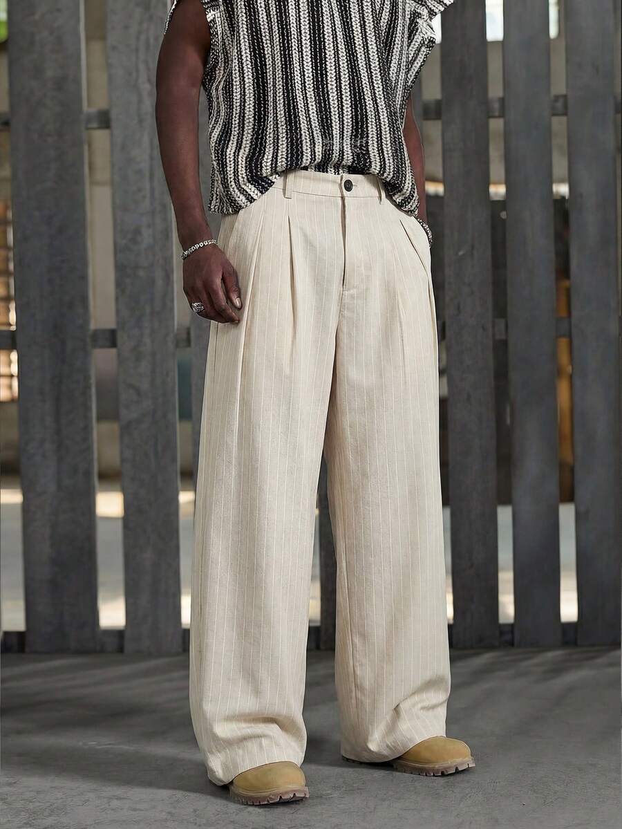 NEON BLANC Plus Size Men's Grey Vertical Striped Woven Wide Leg Pants - Apricot - View 1
