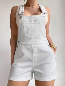 EMERY ROSE Short salopette en jean de couleur unie d'été - Blanc - Voir 5