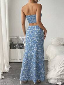 Pariaura Conjunto de top bandeau acortado con cordón y falda con abertura alta con estampado floral diminuto para vacaciones en la playa, verano - Neblina azul - Ver 2