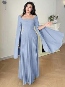 Modelyn Women's Solid Color Pleated Split Long Sleeve Elegant Dress - Blue - View 3
