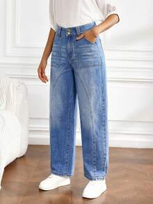 SHEIN Tall Quần jeans nữ thường ngày có túi và nút - Rửa nhẹ - Xem 3