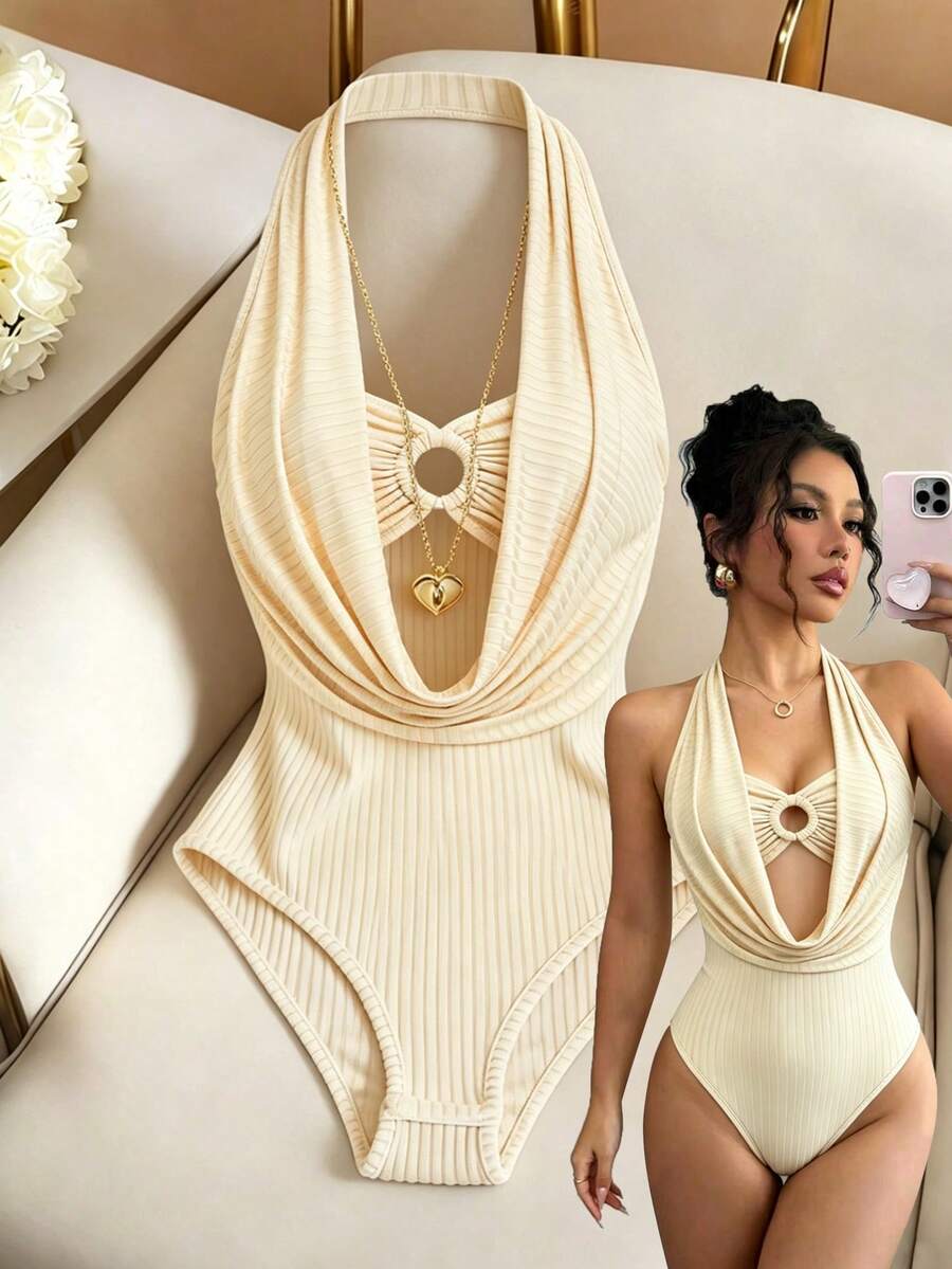 Elenzga Body de mujer de unicolor con escote pronunciado y diseño de 2 en 1 sexy tipo halter - Albaricoque - Ver 1