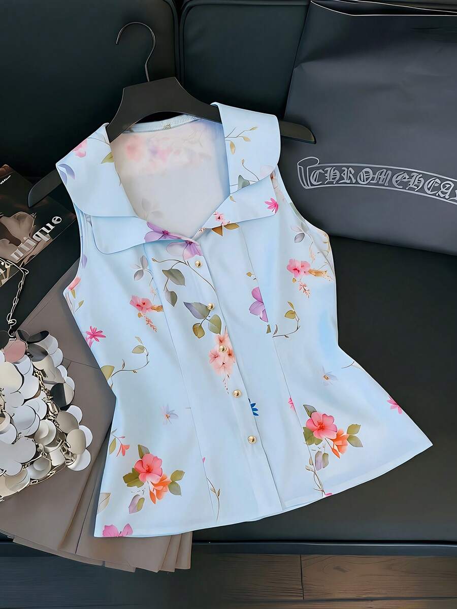 GlowEve 女款夏季花卉印花無袖鈕扣襯衫 度假淺藍色優雅浪漫早午餐風 - 淺藍色 - 查看 1
