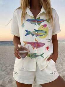 Conjunto de camisa de manga corta con botones y pantalones cortos con estampado de peces para mujer - Naranja 2 - Ver 2