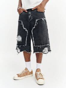 PAVTROS American Patchwork Frayed Distressed Washed Casual Denim Bermuda Shorts - Grey - View 4