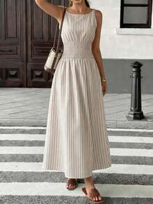 Pariaura 2026新款棕色格子长裙，蝴蝶结肩带，荷叶边收腰设计，休闲通勤简约风，适合度假日常穿着。 - 彩色 - 查看 3