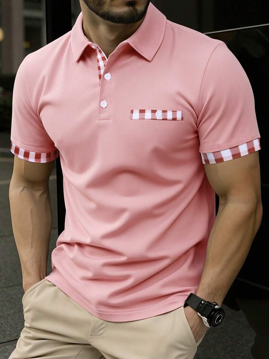 Calvornis Men's Plaid Patchwork Short Sleeve Casual Commuter Polo Shirt - Pink - View 1
