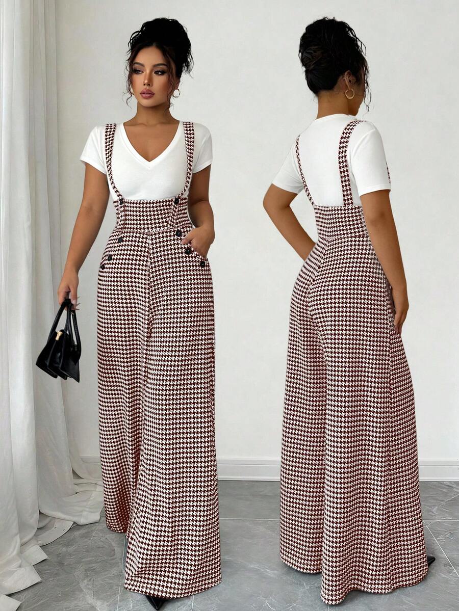 Elenzga Women's Fashion Commuter Houndstooth Strap Wide Leg Jumpsuit - Coffee Brown - View 1