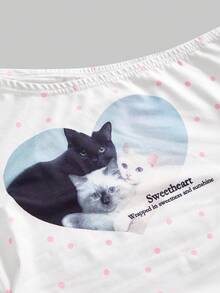 Kawaii Spring/Summer Vacation Cute Cat & Polka Dot Print Asymmetrical Shoulder Twist Sleeve T-Shirt, Suitable For Summer Beach, Graduation Ceremony, Music Festival, Concert, Date, Vacation And Other Occasions - White - View 11