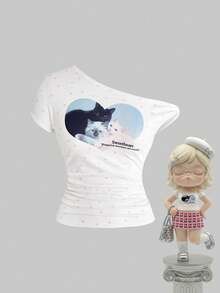 Kawaii Spring/Summer Vacation Cute Cat & Polka Dot Print Asymmetrical Shoulder Twist Sleeve T-Shirt, Suitable For Summer Beach, Graduation Ceremony, Music Festival, Concert, Date, Vacation And Other Occasions - White - View 13