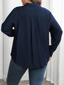 Vionelle Plus Size Solid Color Front Button Casual Long Sleeve Shirt Office Navy Blue Autumn - Navy Blue - View 2
