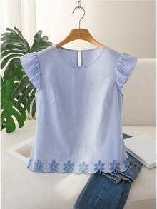 SHEIN Frenchy 大码女式舒适小喇叭袖刺绣下摆衬衫，白色休闲衬衫，适合通勤、约会、度假，春夏新品 - 藍白色 - 查看 9