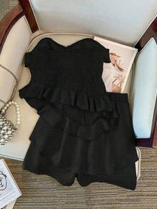 SHEIN Tall CURVE Conjunto de 2 piezas con decoración de volantes, top corto sin tirantes y falda, estilo dulce y fresco, color azul, talla grande - Negro - Ver 2