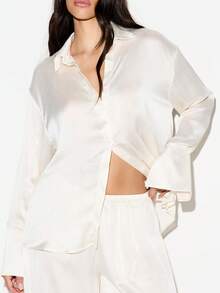 KIZN Women's White Crinkle Satin Oversized Button Down Shirt Long Sleeve Collared Blouse With Relaxed Fit - White - View 5